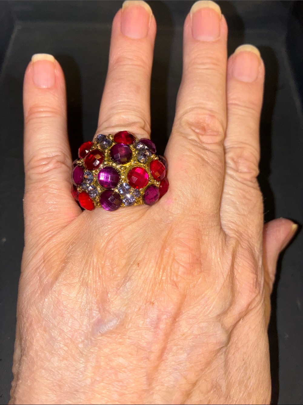 Silver Tone Red & Purple Cluster Statement Stretch Ring